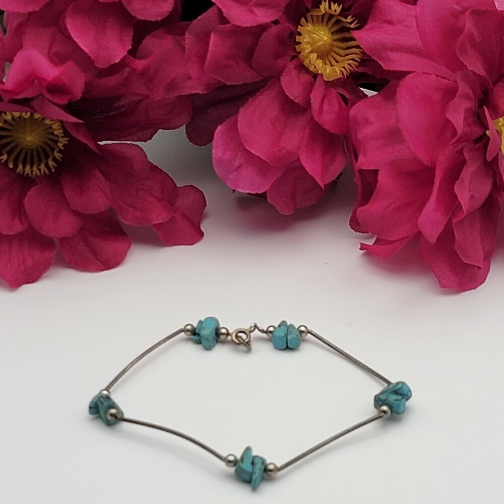 Vtg. Turquoise Chip 925 Sterling Silver Bar Link Chain Bracelet 7" Spring Ring